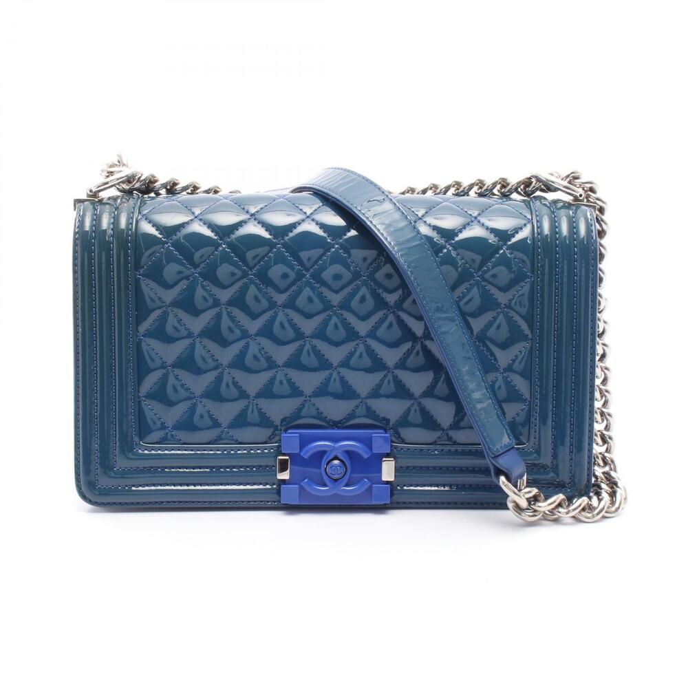 Chanel Boy Shoulder Bag Patent Vernis Leather Navy Blue